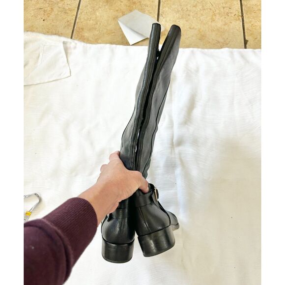 Women's ANN TAYLOR Black Leather Low Heel Flat Knee High Boots - Size 6 - Picture 8 of 10